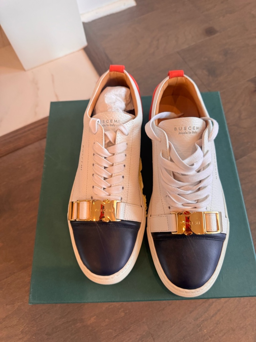 Buscemi White Leather Low-Top Sneakers with Navy blue Toe and pink Heel Tab
